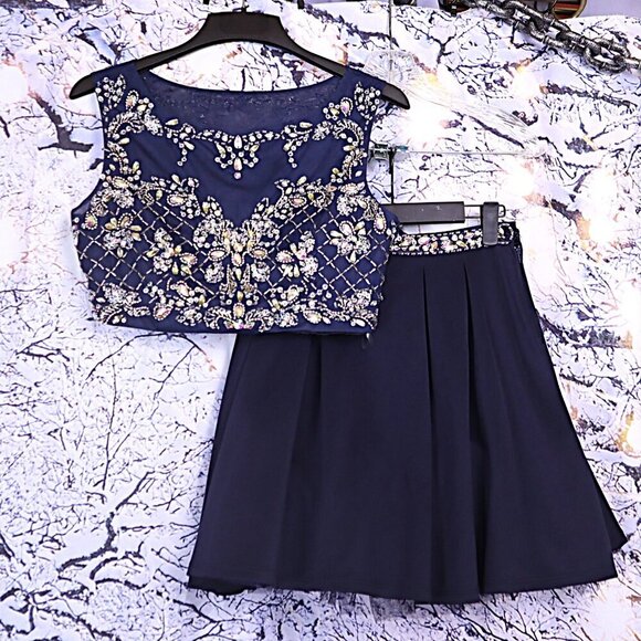 BEADED TWO PIECE SET 9 Crystal Doll Crop Top Skirt Formal Prom Homecoming Party - Picture 1 of 14